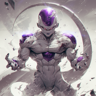 Illustration of Frieza in a powerful stance from the anime Dragon Ball Z, showcasing his iconic purple and white armor and muscular physique.