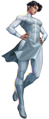 Slim superhero in a sleek white futuristic suit and boots, short dark hair, hands on hips with a flowing skirtlike cape — Invincible VS
