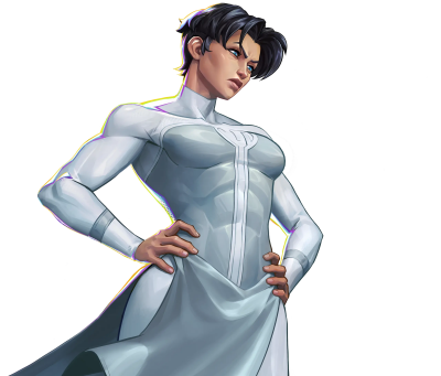 Low-angle view of an Invincible superheroine in a white skin-tight suit and cape, short dark hair, hands on hips and a stern, confident expression.