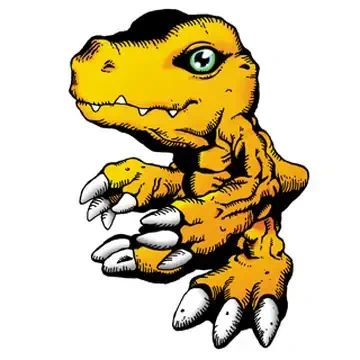 Agumon from Digimon World — a yellow baby dinosaur-like Digimon crouching with a green eye, toothy grin and oversized white claws on a plain white background.