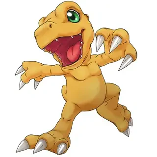 Agumon from Digimon World, a small orange dinosaur-like Digimon with green eyes, open mouth showing teeth, and large silver claws in an energetic jumping pose.