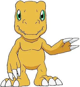 Agumon from Digimon World — a small yellow dinosaur-like Digimon with green eyes and white claws, standing upright with one arm extended and a friendly grin.