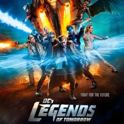 A dynamic group of heroes stands in action poses against a vibrant background of flames and waves, featuring the title DC's Legends of Tomorrow and the tagline Fight for the Future.