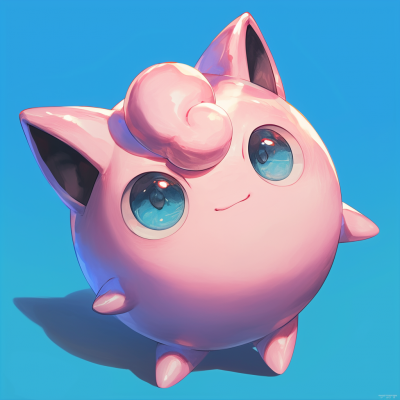 Cute illustration of the pink Pokémon Jigglypuff with big blue eyes against a blue background.