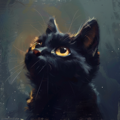 A close-up portrait of a black cat gazing upwards, featuring bright golden eyes and soft, fluffy fur, against a softly blurred dark background.