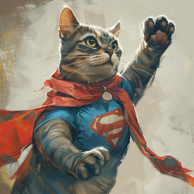 A heroic cat wears a blue Superman shirt and a red cape, striking a dynamic pose as if ready to take flight, showcasing a playful and adventurous spirit.