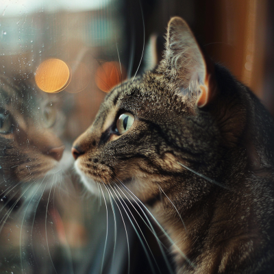 A close-up of a tabby cat gazing out a rain-speckled window, with a soft reflection of its face visible on the glass and blurred city lights in the background.