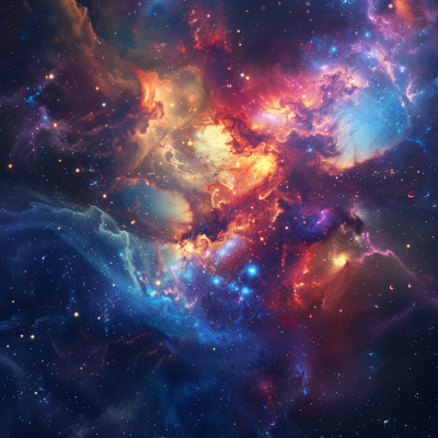 A vibrant cosmic scene filled with swirling galaxies, bright nebulae, and countless stars, showcasing an explosion of colors like orange, blue, and purple against a dark backdrop.