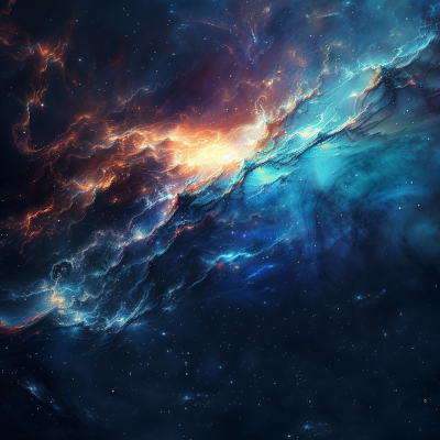 A vibrant cosmic scene featuring swirling colors of orange, blue, and purple, resembling a nebula against the backdrop of a star-filled space.