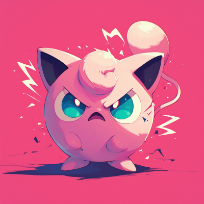 Illustration of an angry Jigglypuff from Pokemon with a fierce expression on a pink background.