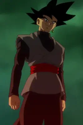 Black Goku from Dragon Ball stands ominously in green mist, wearing a dark outfit with a red sash and a visible Potara earring.