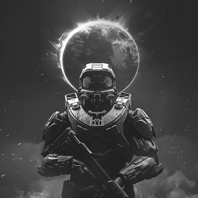 Master Chief in Spartan armor with an eclipse background symbolizing the Halo universe.