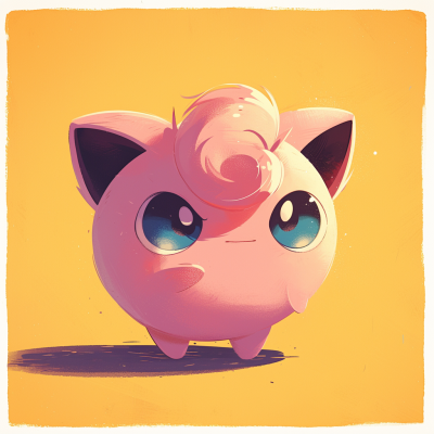 Cute Jigglypuff character illustration with a whimsical design on a warm yellow background.