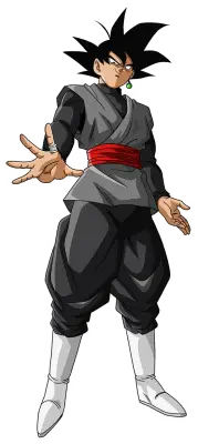 Black Goku, Dragon Ball — standing with outstretched hand, wearing dark grey/black gi, red sash, green Potara earring, spiky black hair and white boots.