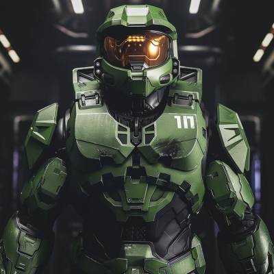Close-up of a Spartan soldier from Halo in iconic green armor with visor glowing.