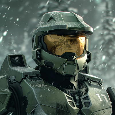 Close-up of a Halo Spartan in armor with visor and snow particles.