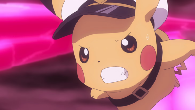 Determined Pikachu wearing a cap and harness, charging forward against a swirling pink energy backdrop — Pokémon Horizons: The Series