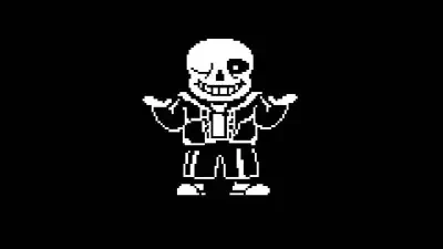 Undertale's Sans: black-and-white pixel-art skeleton grinning with one darkened eye, shrugging with hands up, wearing a jacket and shorts on a solid black background.