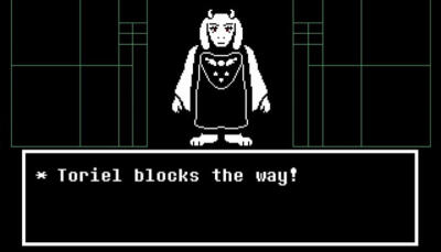 Undertale scene: pixel-art Toriel stands in a hallway, framed above a dialog box that reads Toriel blocks the way!