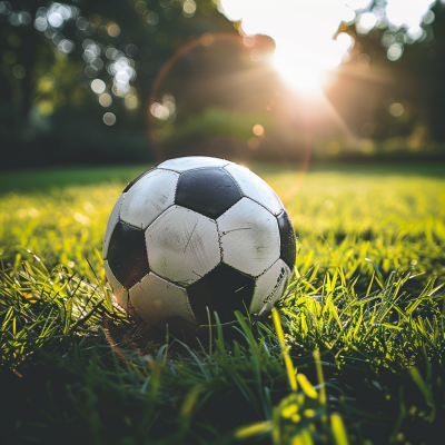 A close-up of a classic black and white soccer ball resting on lush green grass, illuminated by the warm glow of the sun in the background.