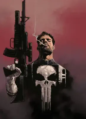 The Punisher stands against a smoky red background, smoking a cigarette and holding a large rifle upright, wearing a dark outfit with a dripping white skull emblem on his chest.