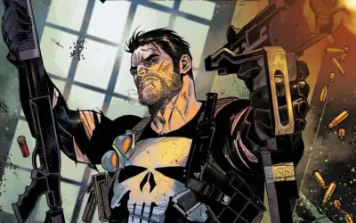 Comic-style Punisher in tactical gear, skull emblem on his chest, firing dual guns as spent shells and bullets fly, backlit by a large window, grim and battle-scarred.