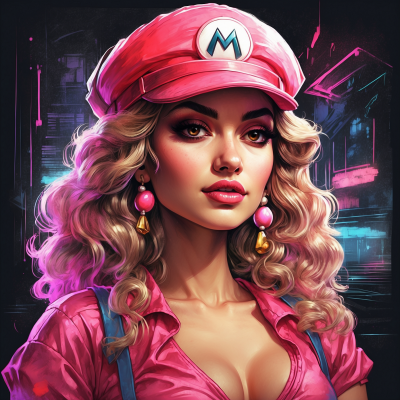 Artistic rendition of a female character inspired by Super Mario Odyssey wearing Mario's iconic hat with M logo.