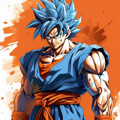 Illustration of Goku with Super Saiyan Blue hair in a dynamic pose from Dragon Ball series.
