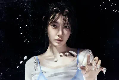 Young woman against a dark backdrop, wearing pale blue straps and a sheer top, small shells or beads on her collarbone and fingers, reaching toward the viewer.
