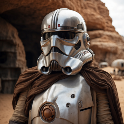 Close-up of a Star Wars stormtrooper helmet with a desert backdrop, representing iconic sci-fi imagery.