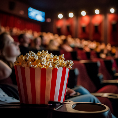 A close-up of a large, striped popcorn bucket in a movie theater, with a blurred audience watching a film in the background, creating a cozy cinema atmosphere.