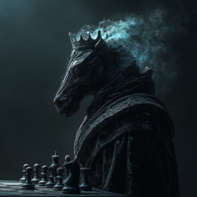 A chess-themed scene features a dark, majestic figure resembling a horse wearing a crown, surrounded by chess pieces on a table, emitting an ethereal blue smoke.