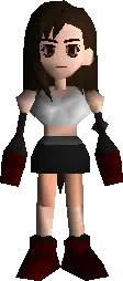 Low-poly 3D model of Tifa Lockhart (Final Fantasy VII Integrate), standing with dark hair, white tank top, black mini skirt, long black gloves with red cuffs and red boots.
