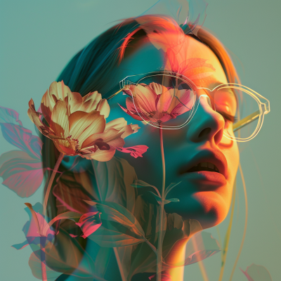 A stylized portrait of a young woman with floral overlays, wearing translucent glasses, set against a softly blended backdrop of pastel colors.