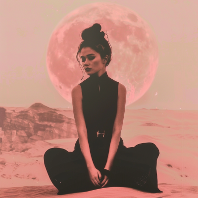 A young woman sits cross-legged in a desert landscape under a large pink moon, wearing a sleek black outfit, exuding a serene and aesthetic vibe.