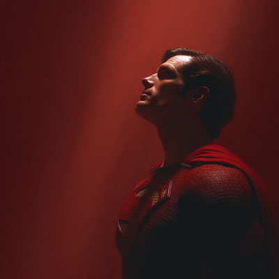 Superman in a dramatic red-lit profile pose, showcasing his iconic suit and emblem, captured in a style reminiscent of DC Universe Online.