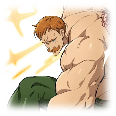 Escanor (The Seven Deadly Sins): shirtless, moustached, hulking warrior with rippling muscles and sunmark tattoo on his shoulder, glaring as bright sunbeams flare behind him.