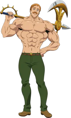 Shirtless, heavily muscled man with a mustache and green pants holding a large ornate golden axe over his shoulder — Escanor (The Seven Deadly Sins)