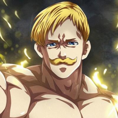 Escanor (The Seven Deadly Sins) — muscular blond man with a handlebar mustache and piercing blue eyes, bare-chested and bathed in a radiant golden sunlight glow.