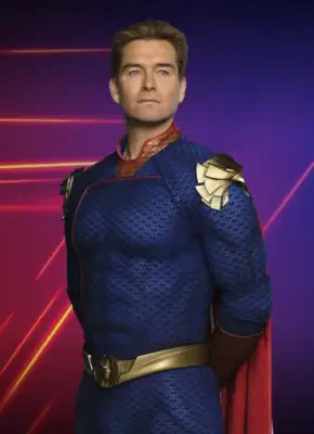Homelander from The Boys in a textured blue suit and red cape, standing confidently against a purple backdrop with red light streaks.