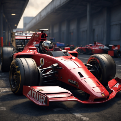 Red Formula 1 race car in the pit lane with driver at the wheel, ready for the race.