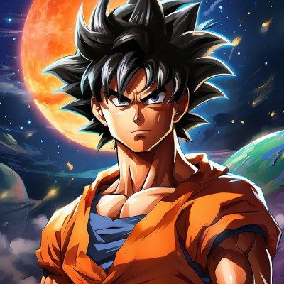 Anime character Goku with spiky black hair and determined expression, wearing an orange martial arts gi, standing against a cosmic backdrop with a planet and stars.