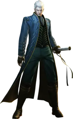 Vergil (Devil May Cry) — Devil May Cry character: white‑haired man in a long blue coat over dark armor, stern expression, standing with his katana at his side.