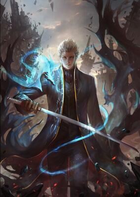 Vergil (Devil May Cry) stands in a ruined city, white hair and long dark coat, gripping his katana as blue spectral energy and shadowy tendrils swirl around him.