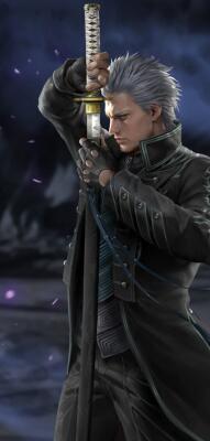 Vergil from Devil May Cry grips his katana Yamato upright before his face, silver hair swept back, wearing a dark coat amid swirling purple embers and a stormy, shadowed backdrop.