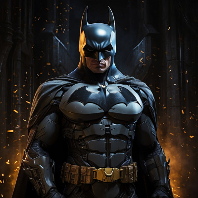 Batman in suit standing heroically with sparks flying in the background.
