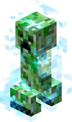 Creeper (Minecraft): pixelated green Minecraft mob with cyan-blue crystalline shards and glowing highlights, shown mid-step against a transparent background.