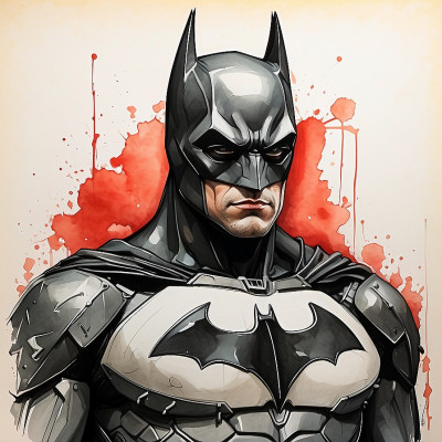 Artistic illustration of Batman with a detailed costume and a red background.