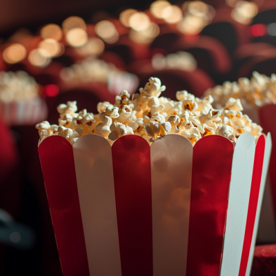 A red and white striped popcorn bucket filled with fluffy popcorn sits in the foreground, with a blurred background of theater seats and warm lights.