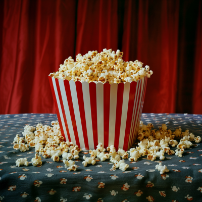 A large striped bucket overflowing with popcorn sits on a table scattered with more popcorn, against a backdrop of rich red curtains.